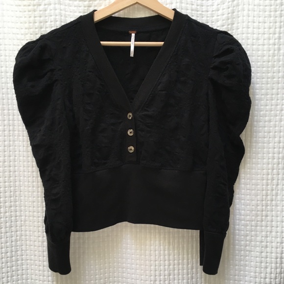 Free People Black Gemma Puff Sleeve Henley Medium - Picture 2 of 4